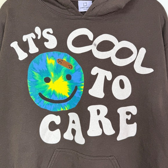 Lonely Ghost Hoodie Mens Medium Brown Its Cool To Care Earth Smiley Sweatshirt - Picture 3 of 7